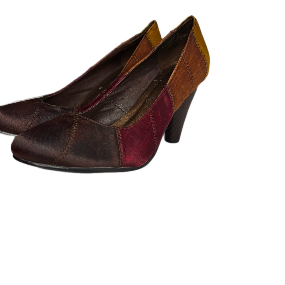 Earth tone Patchwork Pumps Wood Heels Brown Wine Copper Gold Satiny Women’s 8.5